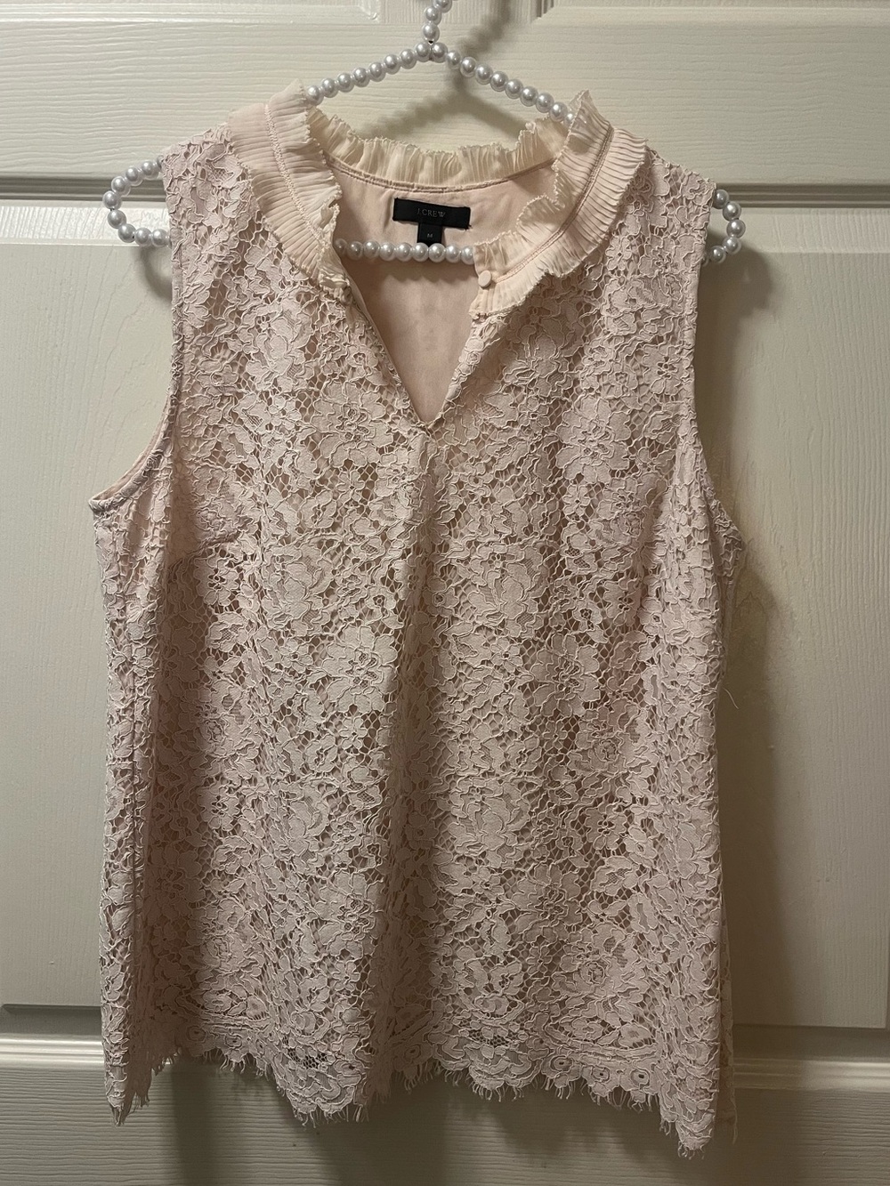 J.Crew Women’s Medium Blush Lace Sleeveless Blouse Ruffle Neck Feminine